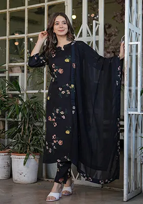 Black Printed Crepe Kurta Set With Dupatta