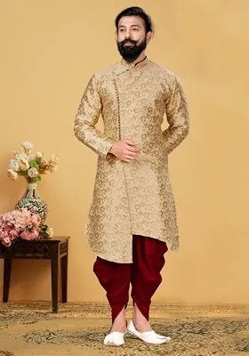 Gold Solid Silk Indowestern Sherwani Set For Men