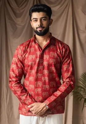 Red Printed Blended Linen Short Kurta For Men