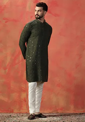 Green Embroidered Cotton Kurta Set For Men