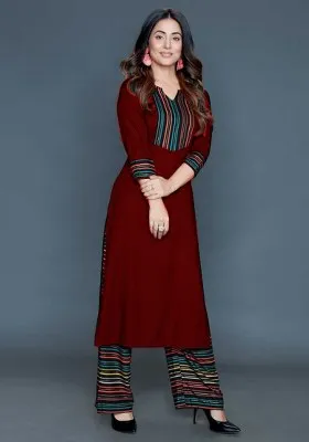 Maroon Foil Print Rayon Kurta Set