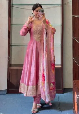 Pink Embroidery Silk Kurta Sets