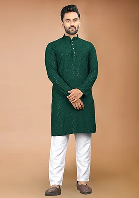 Green Rayon Schiffli Work Kurta With Pyjama For Men