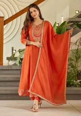Orange Embroidery Silk Kurta Set