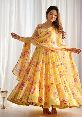 Yellow Lace Work Georgette Anarkali With Dupatta