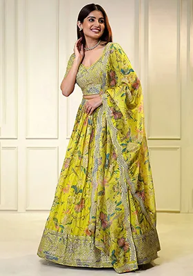 Yellow Sequin Embroidered Organza Lehenga Set