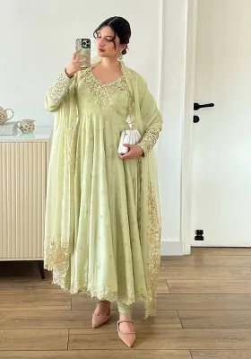 Mint Green Embroidered Georgette Gown