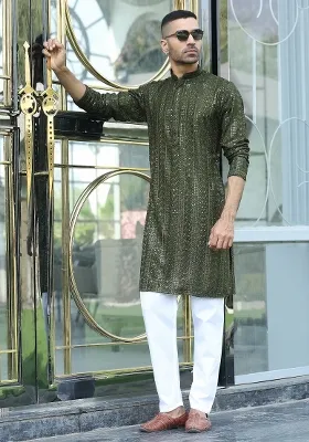Olive Green Embroidered Rayon Kurta Set For Men