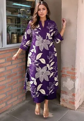 Purple Printed Rayon Kurta Set
