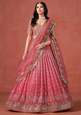 Peach And Light Pink Georgette Sequin Embroidered Lehenga Set