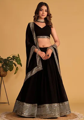 Black Sequin Thread Embroidered Georgette Lehenga Set