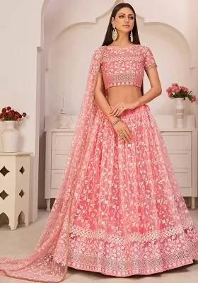 Pink Embroidered Net Lehenga Set