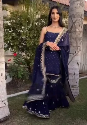Navy Blue Sequence Work Georgette Sharara Dress