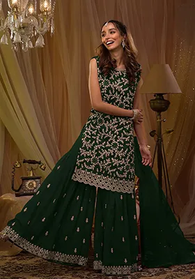 Dark Green Embroidered Georgette Sharara Set