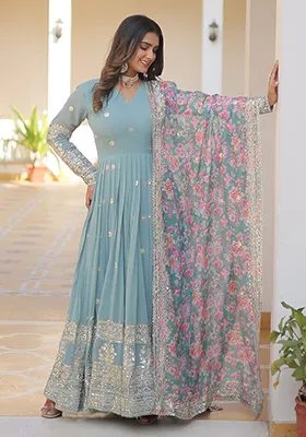 Sky Blue Zari Sequin Embroidered Faux Georgette Anarkali With Dupatta
