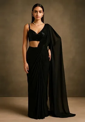Black Sequin Embellished Georgette Pre Draped Saree Set
