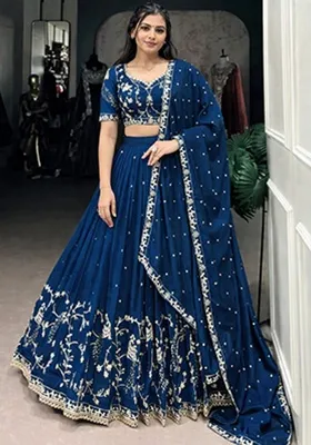 Dark Blue Heavy Embroidered Work Silk Lehenga Set