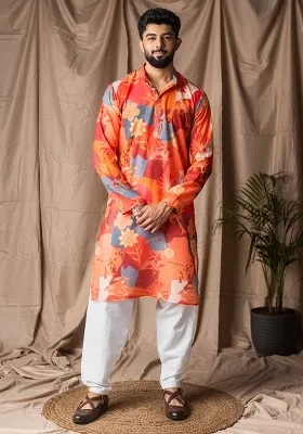 Orange Printed Linen Kurta For Men