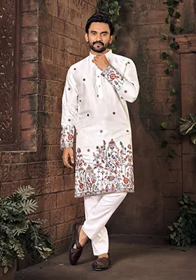 White Multi Thread Work Silk Kurta For Men
