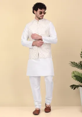Beige Sequin Embroidered Silk Nehru Jacket For Men