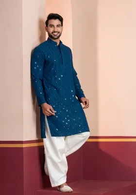 Blue Embroidery Silk Kurta For Men
