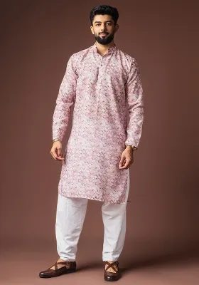 Pinkish Multicolor Printed Linen Kurta For Men