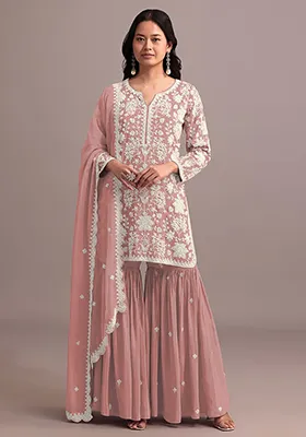 Peach Embroidered Georgette Sharara Set With Dupatta