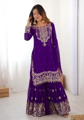 Purple Embroidery Georgette Sharara Dress