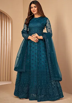 Turquoise Dori Embroidered Net Anarkali With Dupatta