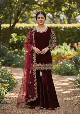 Maroon Velvet Viscose Velvet Salwar Suit