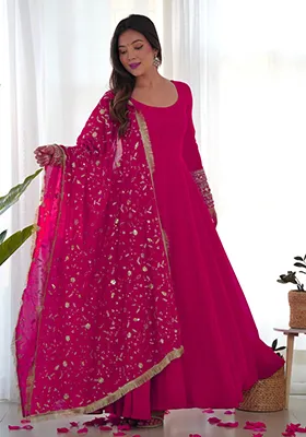 Pink Zari Embroidered Georgette Anarkali With Dupatta