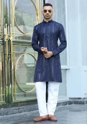 Navy Blue Embroidered Rayon Kurta Set For Men