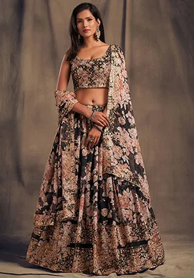 Black Floral Print Organza Lehenga Set
