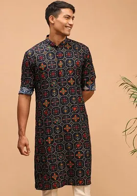 Navy Blue Ethnic Motifs Cotton Kurta For Men