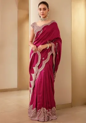 Rani Pink Embroidered Vichitra Silk Saree Set