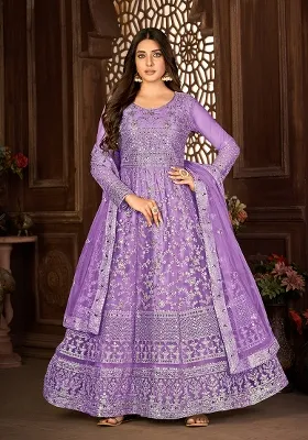 Purple Sequin Thread Embroidered Net Anarkali With Dupatta