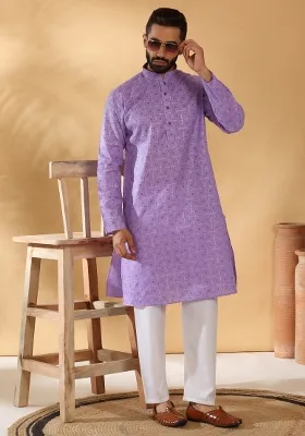 Purple Printed Cotton Blend Kurta Set For Men