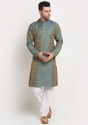 Blue Woven Silk Blend Kurta Set For Men