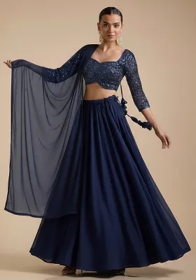 Blue Sequin Net Lehenga Set