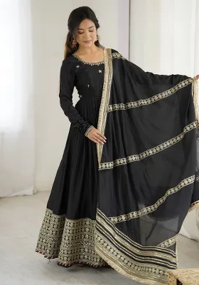 Black Thread With Sequence Work Silk Anarkali Set