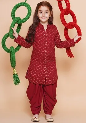 Red Printed Rayon Kurta Set For Girls