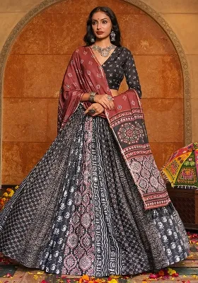 Black Printed Crepe Lehenga Set With Dupatta