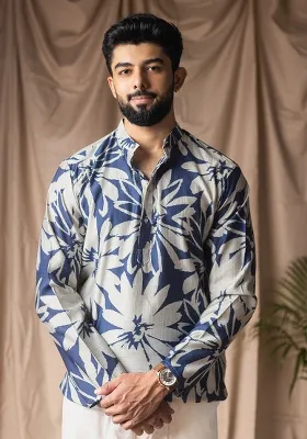 Blue Printed Blended Linen Short Kurta For Men