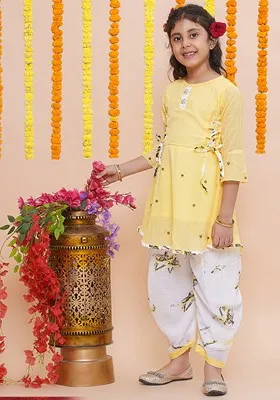 Yellow Printed Rayon Kurta Set For Girls