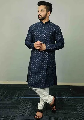 Navy Blue Embroidered Heavy Soft Silk Kurta Set For Men