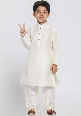 Cream Embroidered Silk Kurta Set For Boys