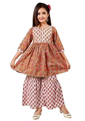 Red Printed Cotton Kurta Set For Girls