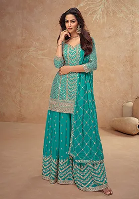 Sky Blue Embroidered Silk Salwar Kameez