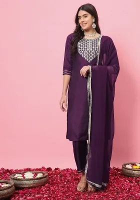 Purple Embroidered Silk Salwar Kameez With Dupatta