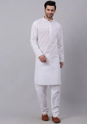 White Chikenkari Cotton Kurta For Men